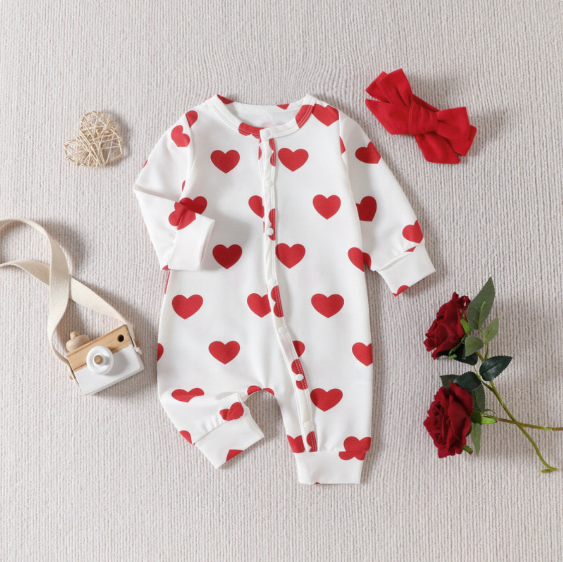 Infants And Toddlers One-piece Climbing Suit Valentine's Day Love Printed Clothes Headband Two-piece Set